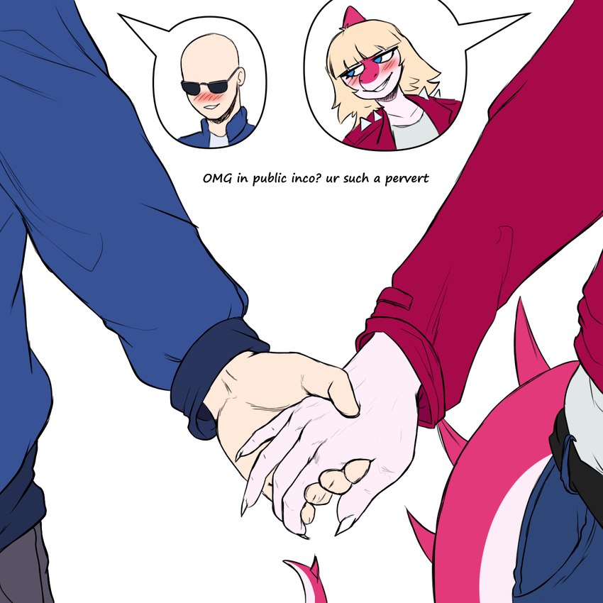 5_fingers anthro bald biped blonde_hair blue_clothing blue_eyes blue_jacket blue_topwear bone_frill bottomwear claws close-up clothed clothed_anthro clothed_female clothed_human clothed_male clothing cutaway denim denim_bottomwear denim_clothing dialogue duo eyewear female finger_claws fingers frill_(anatomy) front_view grey_clothing grey_shirt grey_topwear hair hand_holding human_on_anthro humanoid_hands interspecies jacket jeans long_hair long_tail male male/female open_clothing open_jacket open_topwear pants pink_body pink_scales red_clothing red_jacket red_topwear romantic romantic_couple scales shirt shy simple_background smile spiked_jacket spiked_tail spikes spikes_(anatomy) sunglasses tail talking_to_another teasing teeth topwear white_background white_body white_scales prometheuzone cavemanon_studios i_wani_hug_that_gator inco_(iwhtg) mia_moretti dinosaur hadrosaurid human mammal ornithischian ornithopod parasaurolophus prehistoric_species reptile scalie 1:1 colored hi_res