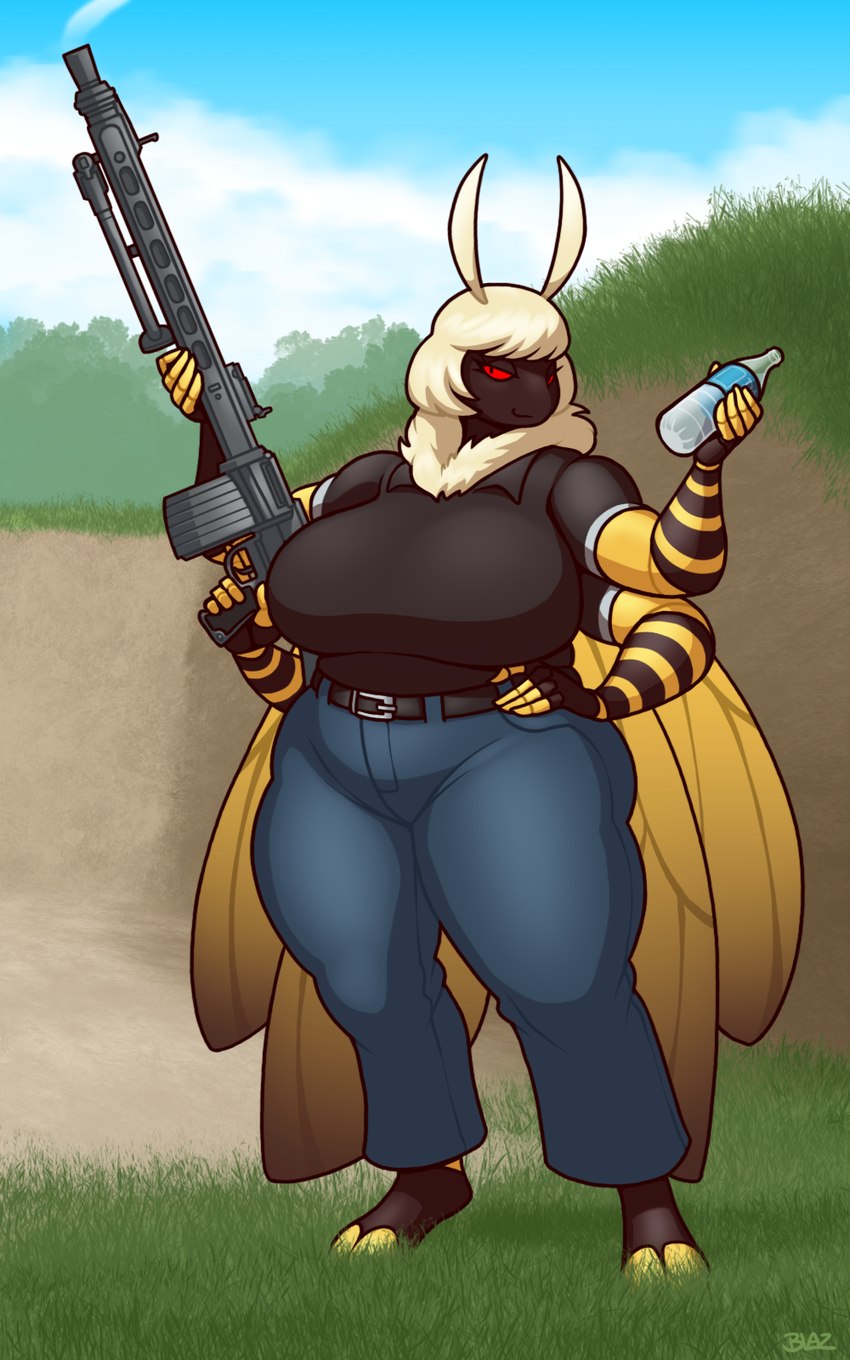 4_arms antennae_(anatomy) anthro belt belt_buckle big_breasts black_body blonde_hair bottle bottomwear breasts buckle clothing cloud container curvy_figure eyelashes female footwear grass gun hair hand_on_hip hand_on_weapon huge_breasts insect_wings lepidopteran_wings looking_at_viewer machine_gun mg3 multi_arm multi_limb neck_tuft outside pants plant ranged_weapon red_eyes sand shirt shoes sky smoke solo thick_thighs topwear tree tuft undershirt water_bottle weapon wide_hips wings yellow_body blazbaros arthropod death's-head_hawkmoth hawk_moth insect lepidopteran moth 2024 5:8 hi_res