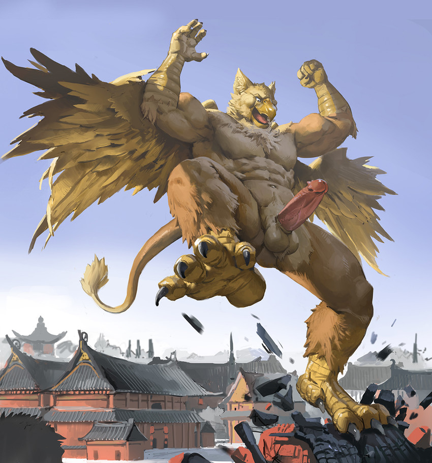 5_fingers abs anthro balls beak biceps biped brown_body brown_fur building building_destruction city city_background claws crush destruction erection feathered_wings feathers feet finger_claws fingers fur genitals humanoid_genitalia humanoid_penis landing macro macro_anthro male muscular muscular_anthro muscular_male nude open_mouth outside pawpads paws pecs penile penis sky solo tail toe_claws toes wings jiandou mythology carpo avian gryphon mythological_avian mythological_creature hi_res