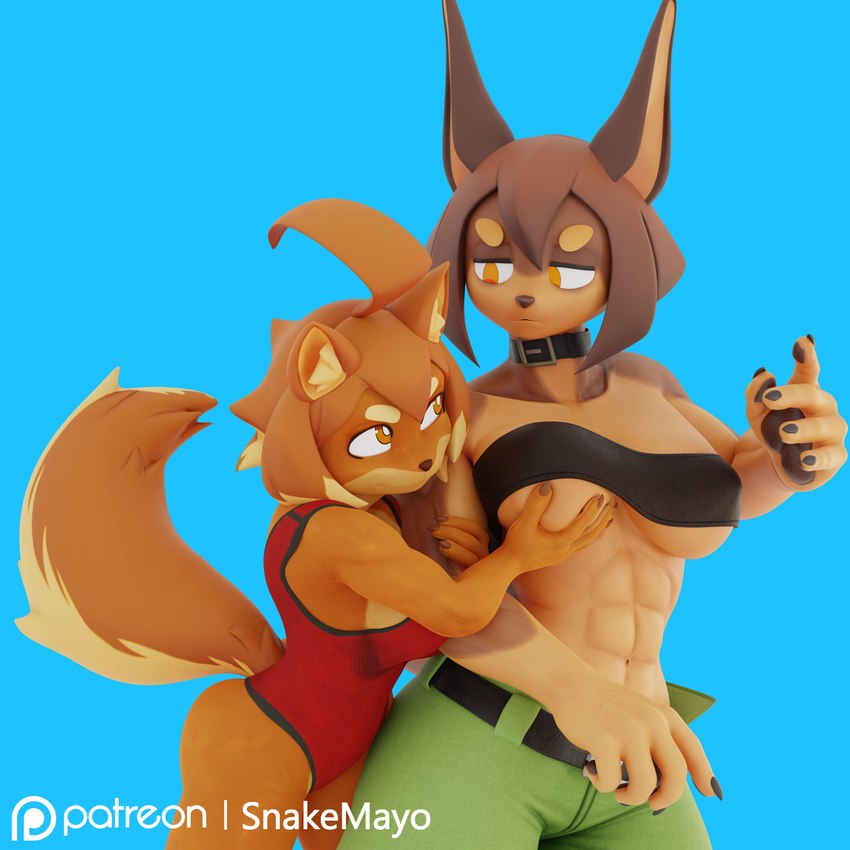 abs anthro bandeau big_breasts blue_background breast_grab breasts brown_body brown_fur brown_hair clothing collar countershade_fur countershading duo female female/female fur hair hand_on_breast highlights_(coloring) muscular muscular_anthro muscular_female one-piece_swimsuit orange_body orange_fur pawpads simple_background swimwear tan_body tan_fur topwear under_boob snakemayo dog_knight_rpg maci_(ceehaz) rory_(ceehaz) canid canine canis dobermann domestic_dog mammal pinscher pomeranian spitz 1:1 2023 3d_(artwork) absurd_res digital_media_(artwork) hi_res