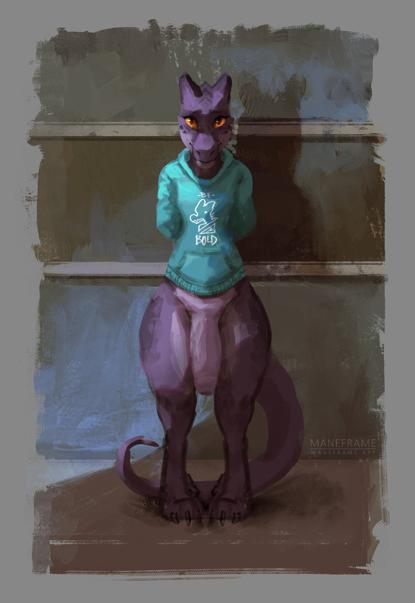 amber_eyes anthro barefoot big_penis bottomless bottomless_male claws clothed clothing feet flaccid foreskin genitals hoodie huge_penis male penis purple_body purple_scales scales solo standing thick_thighs toes topwear wide_hips maneframe nil kobold scalie absurd_res hi_res