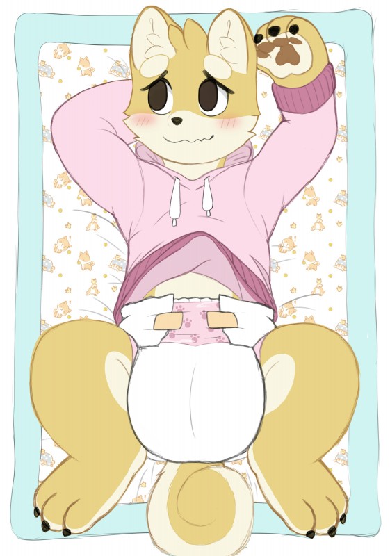 anthro black_nose blush clean_diaper clothed clothing diaper hoodie looking_away lying male on_back solo spread_legs spreading topwear wearing_diaper cookiebandit canid canine canis domestic_dog mammal 2019 absurd_res hi_res