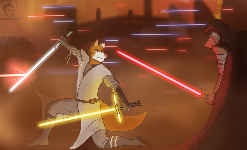 anthro armor battle clothed clothing crossguard_lightsaber duo fight fighting_pose fur holding_object holding_weapon lightsaber male melee_weapon pose red_lightsaber shooting simple_background sword war weapon white_lightsaber yellow_lightsaber colesonfox star_wars canid canine canis domestic_dog mammal absurd_res hi_res