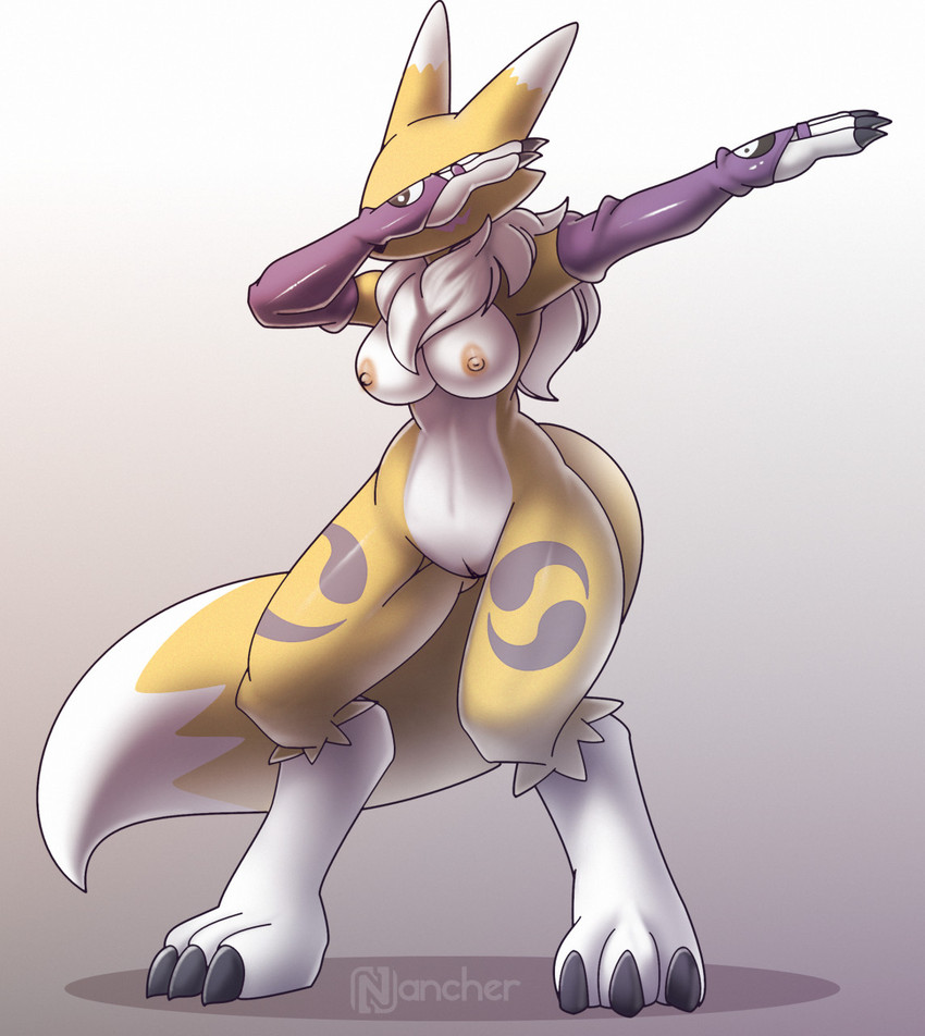 anthro armwear belly black_claws breasts bridal_gauntlets claws clothing dabbing female fingers fur genitals gloves handwear markings mostly_nude neck_tuft nipples purple_markings pussy simple_background solo standing toe_claws tuft white_belly yellow_body yellow_fur nancher bandai_namco digimon canid canine digimon_(species) mammal renamon hi_res meme