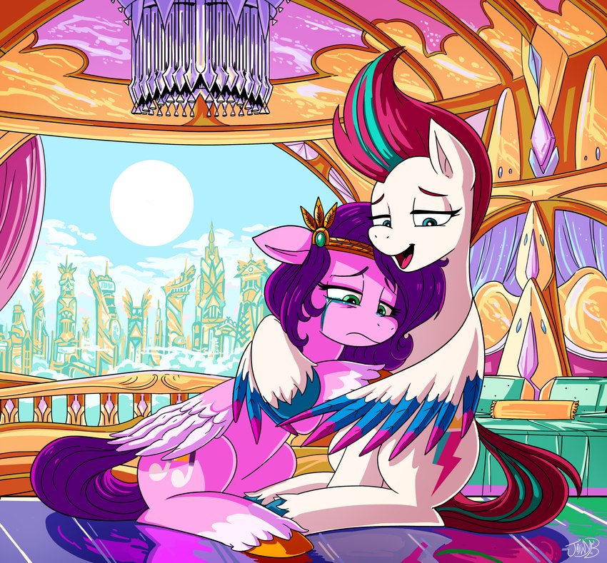 bed bedroom blue_eyes bodily_fluids crying cutie_mark duo female fur furniture green_eyes hair hooves hug purple_body purple_fur purple_hair tears upset white_body white_fur wings zephyr_heights jowybean hasbro mlp_g5 my_little_pony mythology pipp_petals_(mlp) zipp_storm_(mlp) equid equine mammal mythological_creature mythological_equine pegasus absurd_res hi_res sibling_(lore) sister_(lore) sisters_(lore)