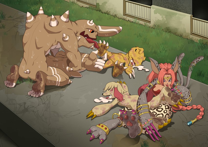 claws defeat dirty dirty_feet feet foot_fetish foot_lick foot_play group licking soles toes tongue tongue_out unconscious the_dark_mangaka bandai_namco digimon digimon_survive agumon beastmon digimon_(species) gigasmon labramon 2023 hi_res