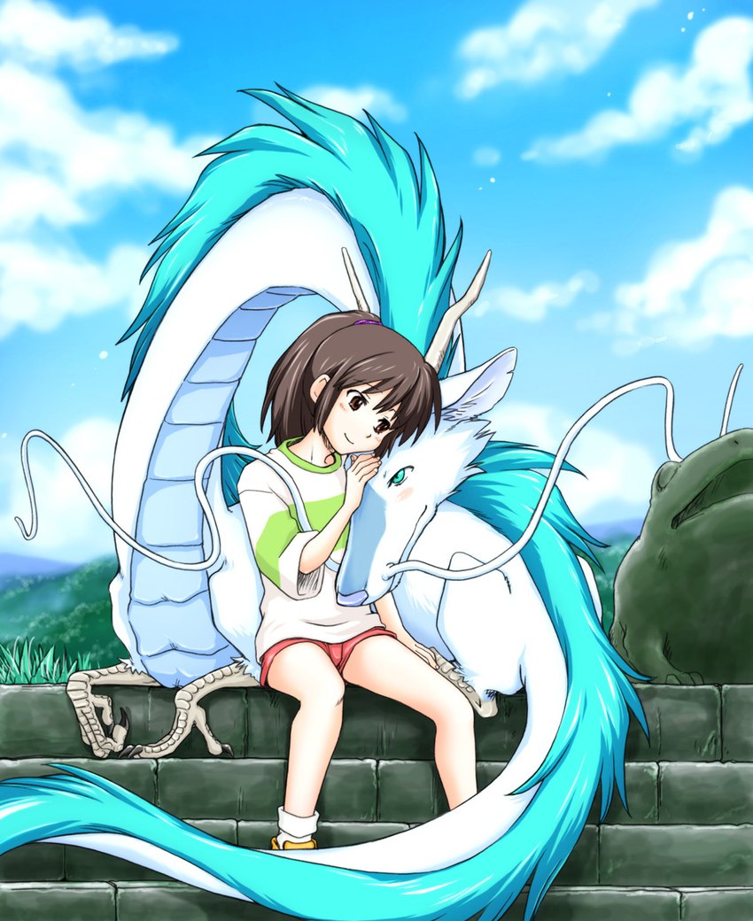 blush clothing coulds duo female feral fur male outside quadruped sitting sky smile tail young soukosouji ghibli mythology spirited_away chihiro_ogino haku_(spirited_away) dragon furred_dragon furred_scalie human mammal mythological_creature mythological_scalie scalie 2011 hi_res