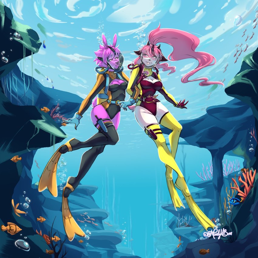 anthro clothing diving_mask duo female female/female full_face_diving_mask legless leotard mask one-piece_swimsuit scuba scuba_gear scuba_tank spandex swimwear tight_clothing underwater water wetsuit moonlightbunn acanthurid clownfish fish marine pomacentrid regal_tang 1:1 hi_res