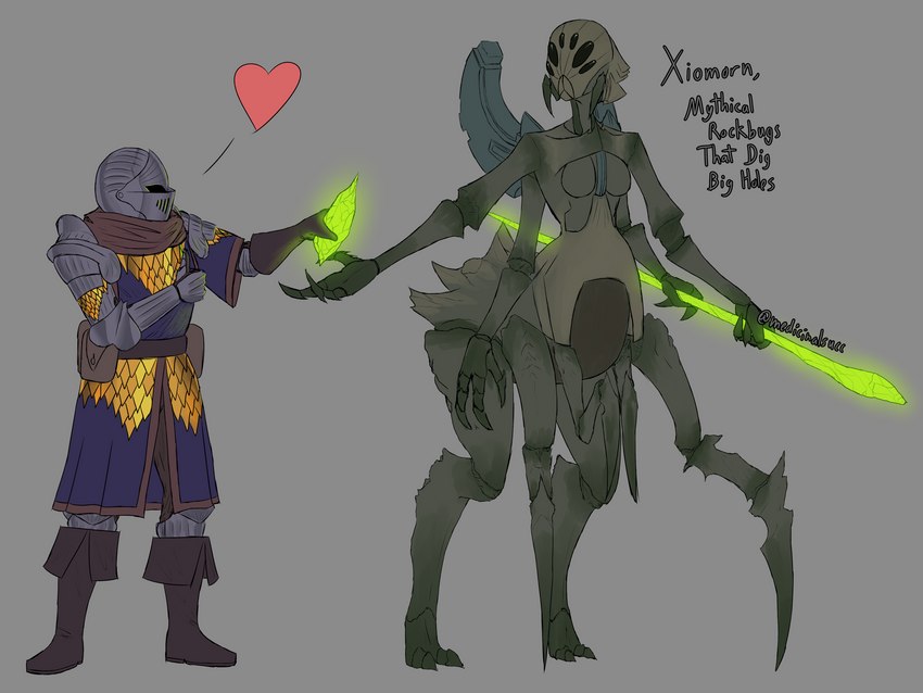 armor claws crystal duo female glowing heart_symbol male multi_eye rock staff text wide_hips medicinal_succ scale_knight_(medicinalsucc) arthropod arthropod_taur elemental_creature humanoid mineral_fauna rock_creature taur xiomorn absurd_res english_text hi_res