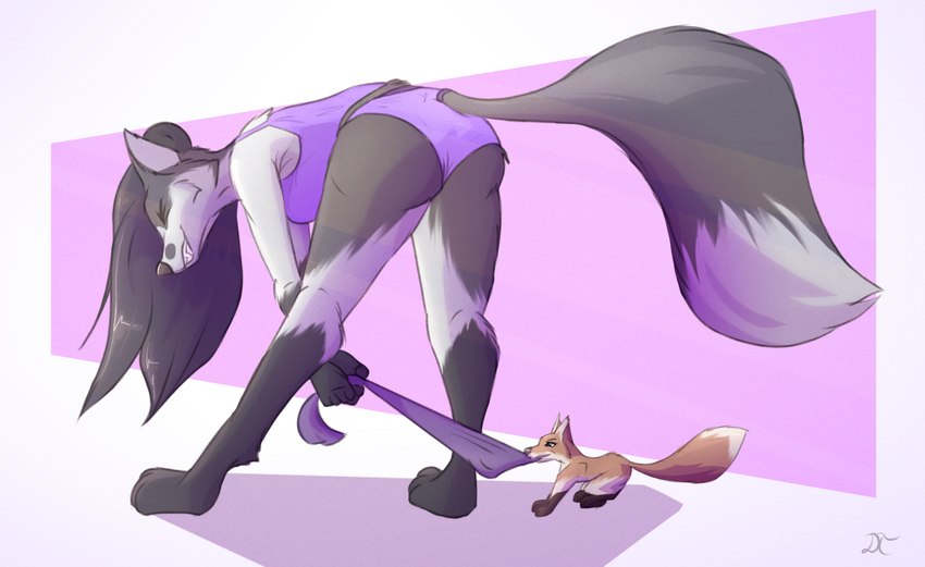 abstract_background anthro barefoot bent_over bent_over_with_legs_held_straight big_butt biped blue_eyes bottomwear breasts butt camisole clothed clothing colored_edge_panties countershade_face countershade_legs countershade_tail countershade_torso countershading digitigrade dipstick_tail domestic_pet duo eyes_closed facial_markings fangs feet female feral fluffy fluffy_tail fur furries_with_pets gloves_(marking) grey_body grey_fur grey_hair hair head_markings hindpaw holding_clothing holding_object leg_markings long_hair looking_back markings mostly_clothed multicolored_body multicolored_fur multicolored_tail object_in_mouth orange_body orange_fur panties paws pink_background pink_bottomwear pink_clothing pose purple_camisole purple_clothing purple_panties purple_underwear quadruped raised_tail rear_view red_nose side_boob simple_background smile socks_(marking) solo standing straight_legs tail tail_markings tail_tuft teeth text tuft tug_of_war two_tone_tail underwear underwear_only white_background wide_stance yellow_body yellow_fur dreamtanker grey_(dreamtanker) canid canine fox mammal pinup