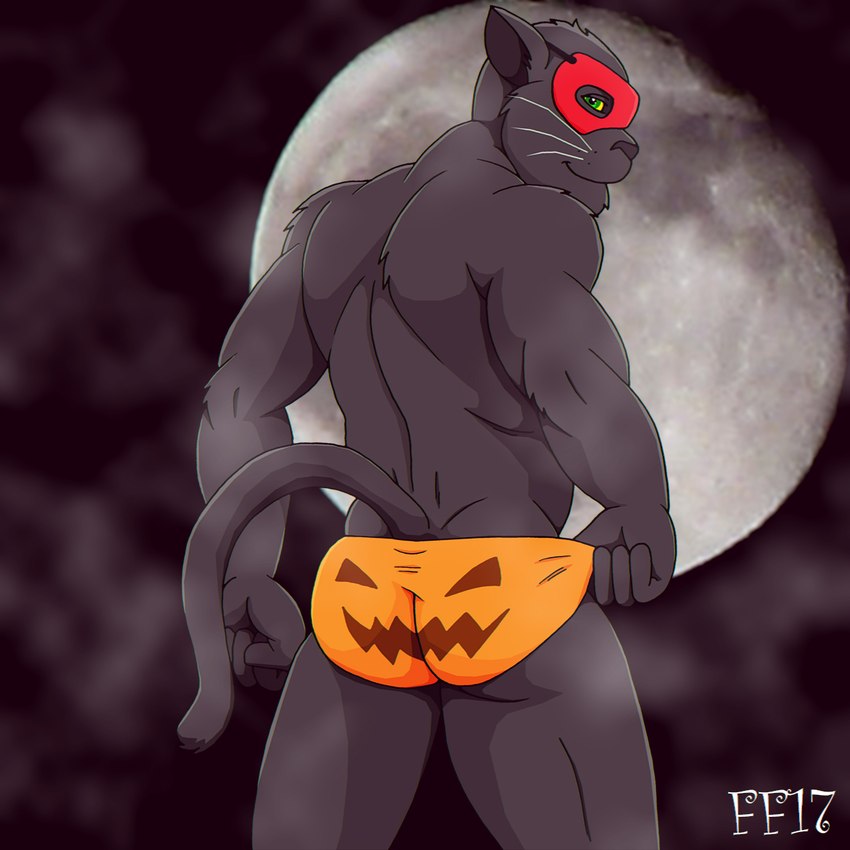 anthro black_body black_fur black_nose briefs butt closed_smile clothing fur green_eyes holidays looking_at_viewer looking_back looking_back_at_viewer male mask moon mouth_closed muscular muscular_anthro muscular_male orange_briefs orange_clothing orange_underwear red_mask smile solo tail underwear wearing_mask whisker_spots whiskers yellow_sclera fabfelipe halloween domestic_cat felid feline felis mammal 2017 digital_media_(artwork) hi_res portrait three-quarter_portrait