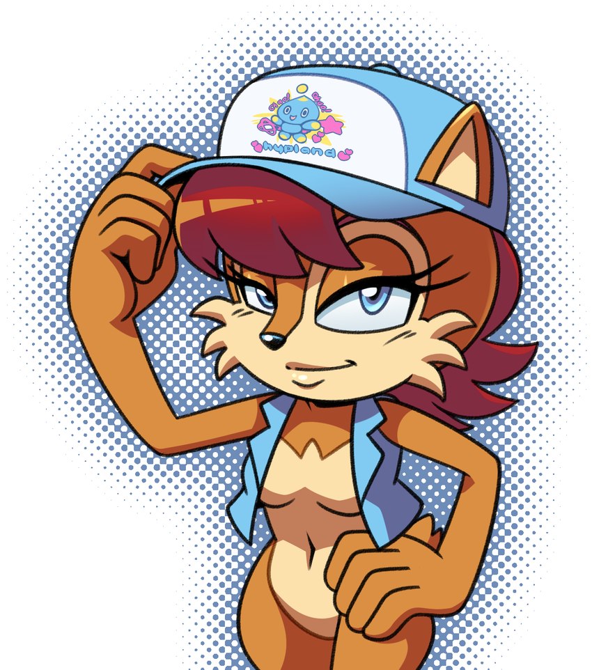 anthro baseball_cap biped black_nose blue_eyes breasts brown_body brown_hair cheek_tuft clothed clothing countershade_face countershade_torso countershading eyelashes facial_tuft featureless_breasts female furgonomic_headwear furgonomics hair half-closed_eyes hand_on_hip hand_on_own_hip hat headgear headwear looking_at_viewer narrowed_eyes navel partially_clothed print_baseball_cap print_clothing print_hat print_headgear print_headwear short_hair simple_background small_breasts solo tan_body tan_countershading text text_on_baseball_cap text_on_clothing text_on_hat text_on_headwear topwear tuft vest white_background hyoumaru archie_comics sega sonic_the_hedgehog_(archie) sonic_the_hedgehog_(comics) sonic_the_hedgehog_(series) sally_acorn chao_(sonic) chipmunk ground_squirrel hybrid mammal rodent sciurid tree_squirrel 2024 english_text hi_res