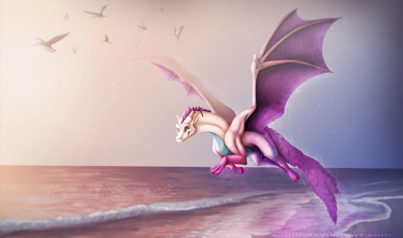 beach day detailed_background feral flying hair horn light membrane_(anatomy) membranous_wings outside pink_body pink_scales purple_body purple_hair purple_scales sand scales sea seaside sky smile sparkles sun sunlight tail text water wave white_body white_scales wings yellow_eyes zagiir mythology avian bird dragon gull lari larid mythological_creature mythological_scalie scalie digital_media_(artwork) english_text hi_res signature watermark