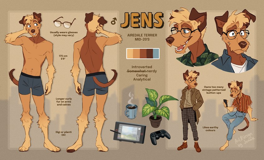 4_toes 5_fingers anthro blue_eyes button_ears clothed clothing eyewear feet fingers floppy_ears fur glasses male multicolored_body multicolored_fur open_mouth smile solo tan_body tan_fur teeth text toes tongue two_tone_body two_tone_fur yellow_body yellow_fur jeniak jens_(jeniak) airedale_terrier canid canine canis domestic_dog hunting_dog mammal terrier 2020 digital_media_(artwork) english_text model_sheet