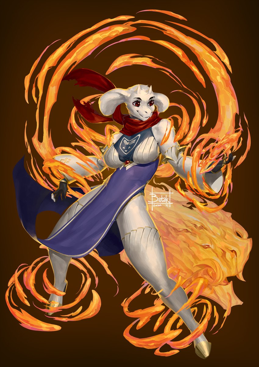 anthro big_breasts black_clothing black_gloves black_handwear breasts brown_background clothing female footwear fur gloves golden_high_heels handwear high_heels horn magic red_scarf scarf shoes simple_background slit_dress smile solo white_body white_fur botak undertale undertale_(series) toriel boss_monster_(undertale) bovid caprine mammal 2021 hi_res