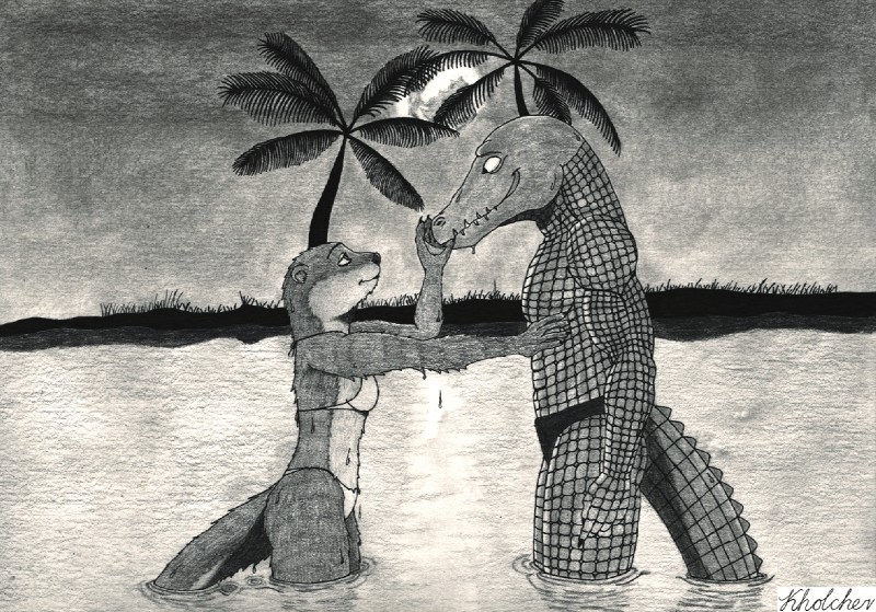 anthro bikini clothing duo eye_contact female looking_at_another male moon night palm_tree plant swimwear text tree two-piece_swimsuit wet konstantin_kholchev crocodile crocodilian mammal mustelid otter reptile scalie english_text graphite_(artwork) monochrome traditional_media_(artwork)