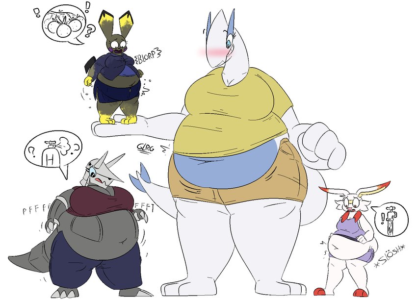 2_horns 3_claws 3_fingers 3_toes 4_fingers air_inflation anthro bandage bandage_on_face bandage_on_nose barefoot belly big_belly big_breasts big_butt biped black_eyebrows black_eyes black_tail black_text blorp blue_body blue_bottomwear blue_clothing blue_countershading blue_eyes blue_fin blue_jeans blue_pants blue_sclera blueberry_(fruit) blueberry_inflation blush bodily_fluids bottomwear breasts butt claws cleavage clothed clothing countershading denim denim_bottomwear denim_clothing dipstick_ears dress_shirt ear_markings ears_down ears_up exclamation_point eyebrows eyelashes faucet feet female female_anthro fin finger_claws fingers food front_view fruit fur glistening glistening_eyes grey_body grey_horn grey_tail group helium_inflation helium_tank holding_another horn huge_belly in_hand inflation jeans knock-kneed larger_anthro larger_female liquid_inflation looking_at_belly looking_down looking_down_at_self macro markings metal midriff multicolored_ears navel no_pupils obese obese_anthro obese_female overweight overweight_anthro overweight_female pants pictographics pink_clothing pink_nose pink_shirt pink_tank_top pink_tongue pink_topwear pivoted_ears plant pupils purple_bottomwear purple_cheeks purple_clothing purple_dress_shirt purple_mouth purple_shorts purple_tongue question_mark rabbit_ears red_clothing red_eyes red_markings red_mouth red_shirt red_topwear rumbling_stomach saliva shirt shorts simple_background size_difference slosh sloshing_belly smaller_anthro smaller_female sound_effects speech_bubble standing tail tail_fin tank_top text thick_tail toe_claws toeless_(marking) toes tongue topwear umlaut underline vowelless vowelless_sound_effect wardrobe_malfunction water water_inflation white_background white_body white_text wide_eyed wide_stance yellow_body yellow_ears yellow_fur yellow_inner_ear thatoneaceguy mythology nintendo pokemon molly_(thatoneaceguy) mona_(thatoneaceguy) victoria_(thatoneaceguy) wena_(thatoneaceguy) aggron aquatic_dragon dragon elemental_creature generation_2_pokemon generation_3_pokemon generation_8_pokemon lagomorph legendary_pokemon lugia mammal marine metal_creature mineral_fauna mythological_creature mythological_scalie pichu pokemon_(species) rodent scalie scorbunny 2021 colored digital_drawing_(artwork) digital_media_(artwork) english_text full-length_portrait portrait