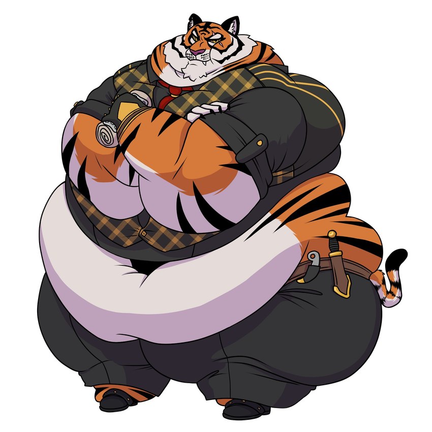 anthro belly big_belly big_cheeks black_bottomwear black_clothing black_pants black_shirt black_stripes black_topwear bottomwear burrito chubby_cheeks classy clothing collared_shirt crossed_arms double_chin eye_scar facial_scar food fur gentleman holding_food holding_object huge_belly knife looking_at_viewer love_handles male morbidly_obese morbidly_obese_anthro morbidly_obese_male navel necktie obese obese_anthro obese_male orange_body orange_fur overweight overweight_anthro overweight_male pants pink_nose red_necktie scar shirt simple_background solo standing stripes thick_thighs topwear white_background white_belly wide_hips painttherabbit epic_games fortnite oscar_(fortnite) felid mammal pantherine tiger 1:1 hi_res