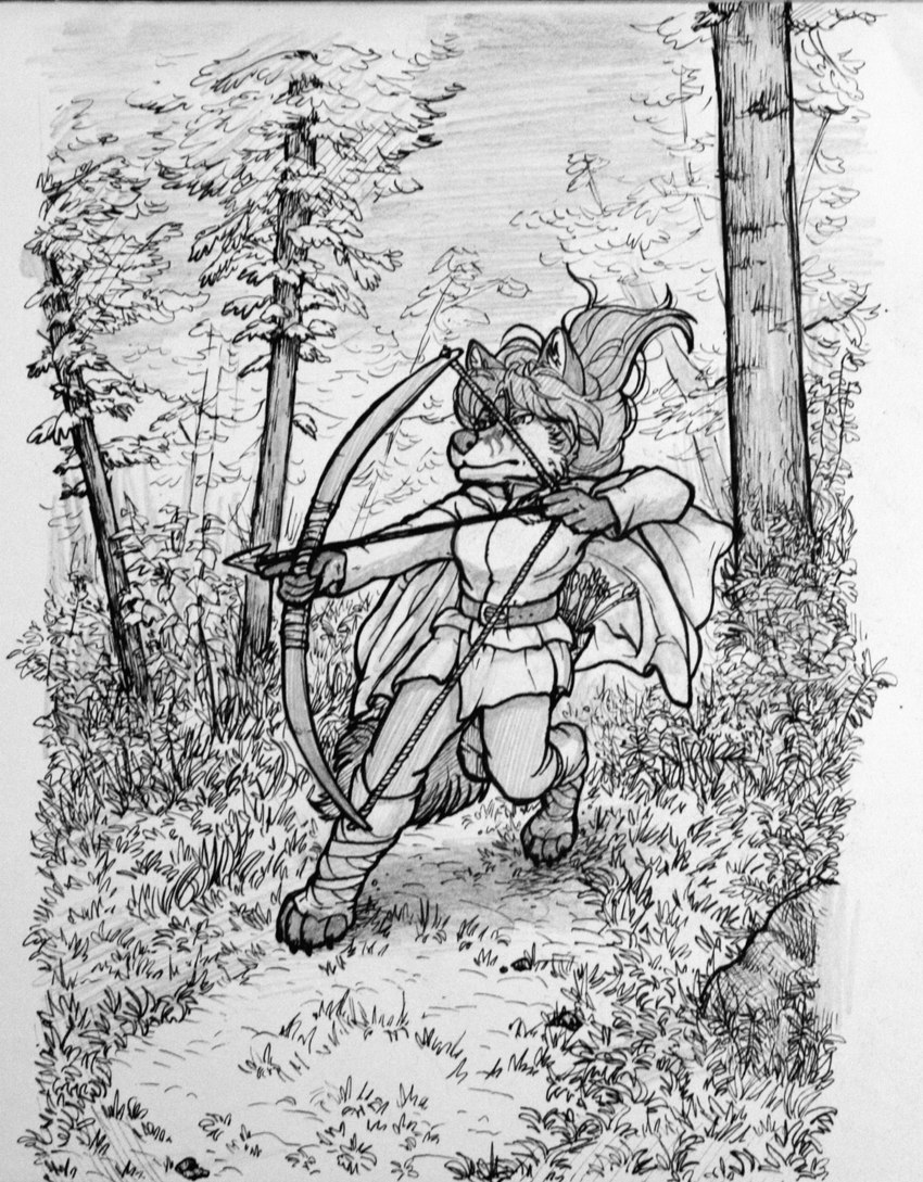 action_pose anthro boots bow_(weapon) cape clothing female female_anthro footwear forest forest_background medieval nature nature_background plant pose ranged_weapon shoes solo tree weapon tangerin4yon milly_(millcore) borophagine canid mammal absurd_res hi_res monochrome