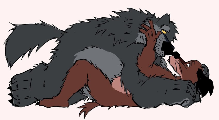 anthro big_dom_small_sub brown_body brown_fur claws dominant duo fangs fur grey_body grey_fur hand_on_face hug male male/male russian simple_background size_difference soviet_cartoon teeth text white_background yellow_eyes bencomedion soyuzmultfilm there_once_was_a_dog dog_(there_once_was_a_dog) wolf_(there_once_was_a_dog) canid canine canis domestic_dog mammal wolf hi_res