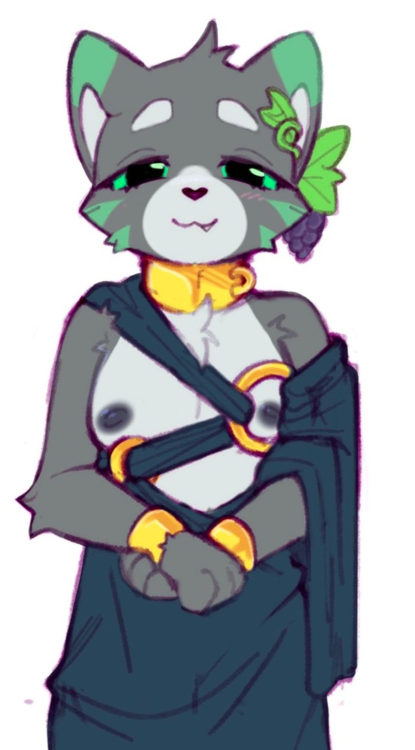 :3 anthro blush chest_tuft clothing collar countershade_face countershade_torso countershading ear_markings fangs food fruit fur grape green_eyes grey_body grey_fur leaves_in_hair looking_at_viewer male nipples plant simple_background solo teeth toga tuft white_background pawberry adastra adastra_(series) echo_project alexios_(adastra) domestic_cat felid feline felis mammal hi_res
