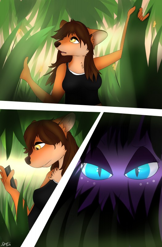 anthro blue_eyes clothed clothing electronics female forest fur grass hair jungle phone plant tree yellow_eyes drenmar rusti canid canine mammal reptile scalie snake absurd_res comic digital_media_(artwork) hi_res