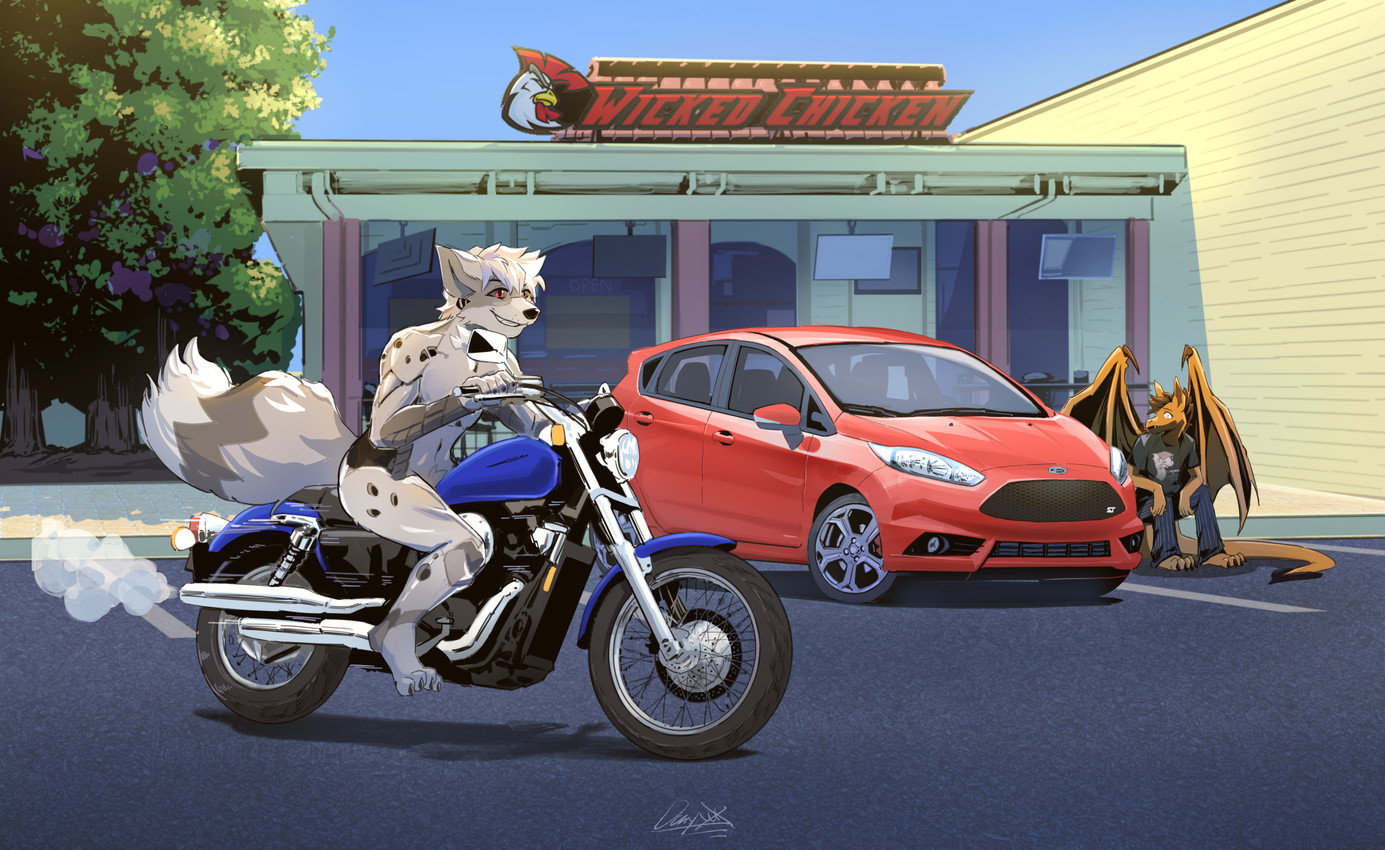 anthro building car clothing cybernetics duo fluffy fluffy_tail machine male modern_architecture motorcycle nude outside restaurant sign sitting smile tail text urban vehicle wings danny4nex ford ford_focus mythology canid canine dragon mammal mythological_creature mythological_scalie scalie english_description english_text hi_res signature