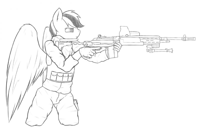 ambiguous_gender anthro anthrofied bottomwear clothing feathered_wings feathers gun hair half-closed_eyes m14 military narrowed_eyes pants ranged_weapon rifle side_view simple_background soldier solo topwear vest warrior weapon white_background wings thermalcake hasbro my_little_pony mythology fan_character equid equine mammal mythological_creature mythological_equine pegasus 2014 black_and_white monochrome