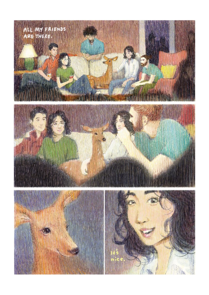 ambiguous_gender female feral group inside male text hsiangarts deer human mammal absurd_res comic english_text hi_res traditional_media_(artwork)