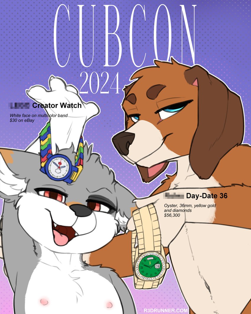 advertisement anthro blue_eyes brown_body brown_fur clock clothed clothing female female_anthro flat_chested fur grey_body grey_fur looking_at_viewer magazine nipples red_eyes smile smug text topless watch wristwatch young young_anthro young_female r3drunner cub_con lego rolex courtney_(r3drunner) ruby_lareme_(battler) beagle canid canine canis domestic_dog hunting_dog mammal scent_hound 2024 4:5 cover english_text hi_res