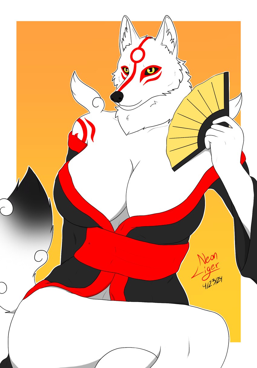 anthro anthrofied asian_clothing big_breasts black_nose black_sclera breasts cheek_tuft cleavage clothed clothing confident confident_female east_asian_clothing facial_tuft female fluffy fur hand_fan holding_fan holding_object inner_ear_fluff japanese_clothing kimono kimono_only long_tail looking_at_viewer markings neck_tuft outline pose red_markings simple_background simple_coloring sitting solo tail tuft white_body white_fur white_outline yellow_eyes neon_lion capcom clover_studio okami_(capcom) amaterasu_(okami) canid canine canis deity mammal wolf hi_res shaded simple_shading