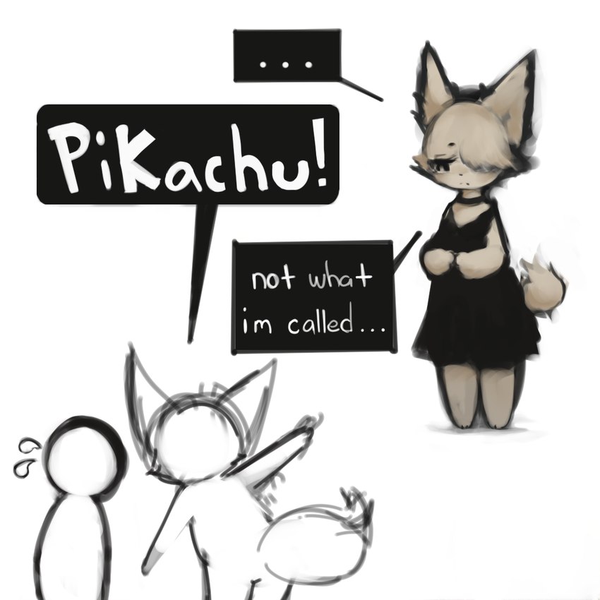 3_toes anthro bangs black_clothing black_dress black_eyebrows black_lips black_nose black_topwear bodily_fluids circle_eyebrows clothing dialogue dialogue_box dress ellipsis empty_eyes eyebrows eyelashes feet female fluffy fluffy_tail frown group kemono lips looking_down one_eye_obstructed sad short_tail standing sweat sweatdrop tail text toes topwear trio hasukii not_what_im_called hazuki_mikami_(hasukii) canid canine mammal 1:1 english_text meme