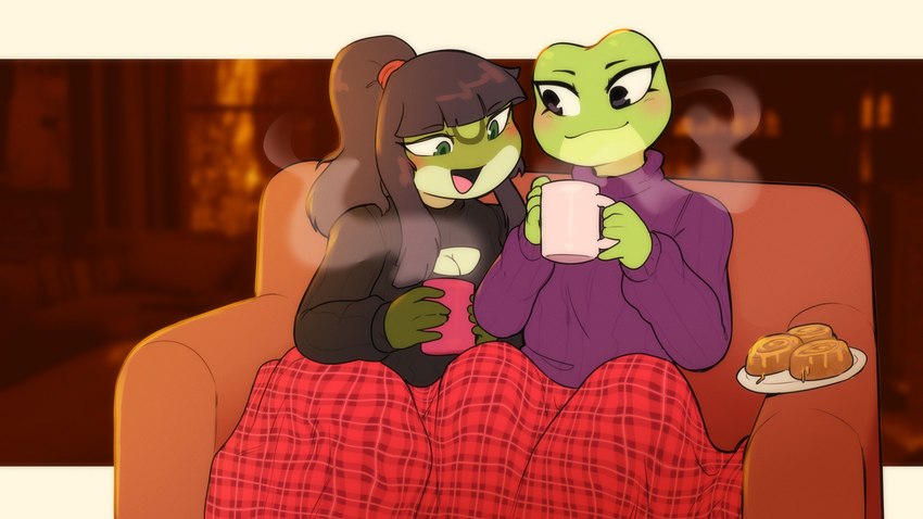 anthro bangs bedding black_clothing black_hair black_sweater black_topwear blanket blush breasts chair cinnamon_bun cleavage cleavage_cutout clothed clothing container countershading cozy cup cutout duo female female/female food furniture green_body green_face green_hands green_skin hair holding_container holding_cup holding_mug holding_object light mouth_closed mug non-mammal_breasts open_mouth open_smile pastry pattern_blanket plaid_blanket plate purple_clothing purple_sweater purple_topwear red_blanket smile sweater topwear turtleneck conditional_dnp sonokido amphibian frog 2023 digital_media_(artwork) hi_res lighting