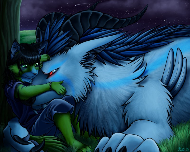 anthro barefoot black_claws black_hair blue_body blue_bottomwear blue_clothing blue_fur blue_hair blue_topwear bottomwear claws clothing cloud cuddling duo ear_tuft fangs feet female feral fur grass green_body green_eyes green_fur hair horn inner_ear_fluff lying male night nude on_front outside plant red_eyes shirt shooting_star shorts sitting size_difference sky star starry_sky teeth topwear tree tuft young young_anthro conditional_dnp ratte legacy_(ratte) kirai yukikiba canid canine faraden felid highland_psycrhen hybrid mammal new_faraden psycrhen 2013 cool_colors digital_media_(artwork)