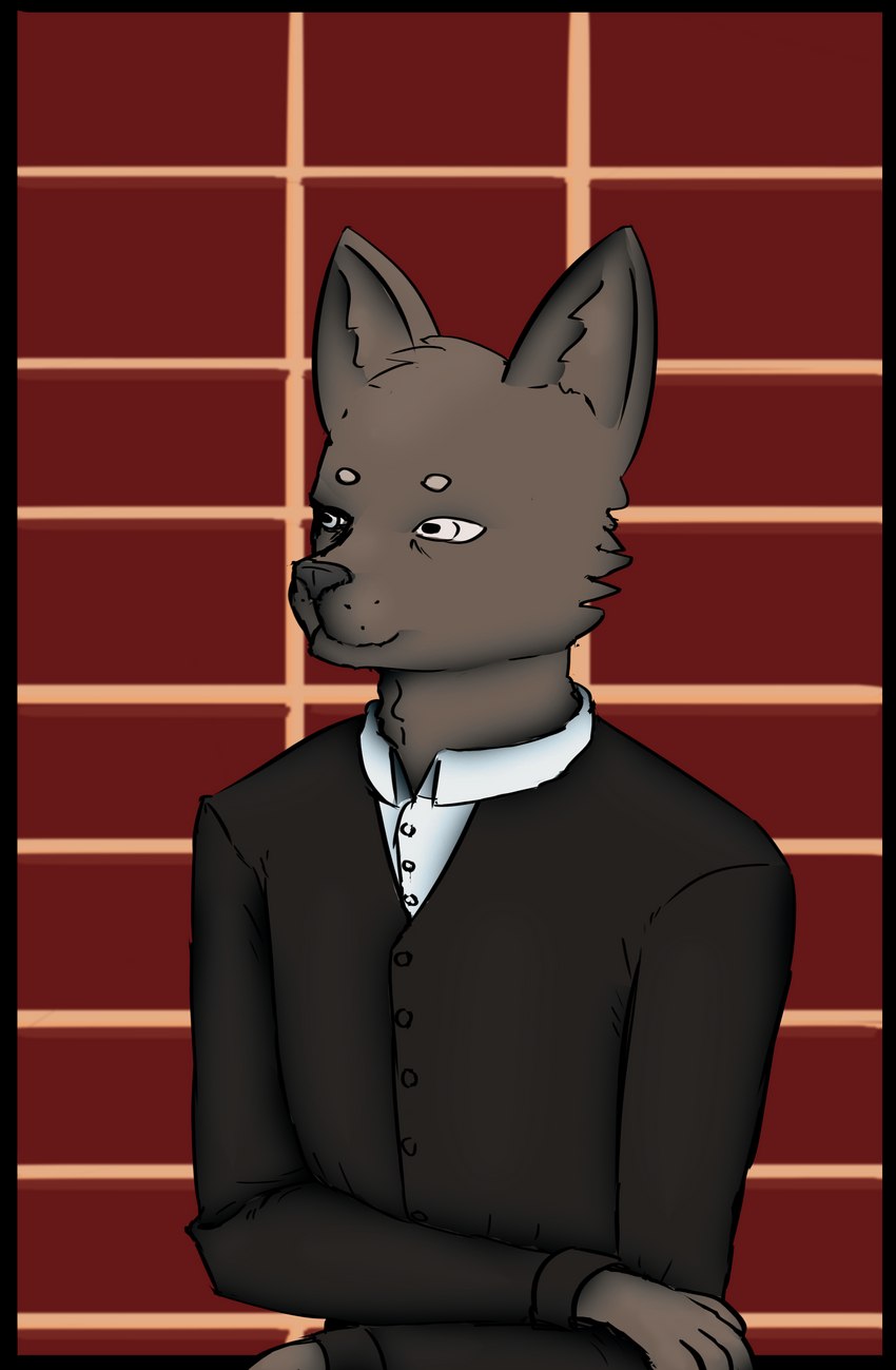 anthro brown_body brown_fur business_suit classy clothing fur male simple_background solo suit white_eyes treebutnever canid canine mammal absurd_res hi_res