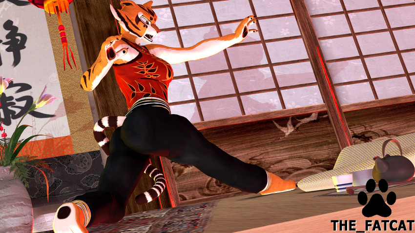 anthro barefoot black_bottomwear black_clothing bottomwear clothed clothing feet female fur open_mouth orange_body orange_fur red_clothing red_topwear solo teeth topwear the_fatcat furromantic_(modeler) dreamworks kung_fu_panda master_tigress felid mammal pantherine tiger 16:9 2020 3d_(artwork) 4k absurd_res digital_media_(artwork) hi_res source_filmmaker_(artwork) widescreen