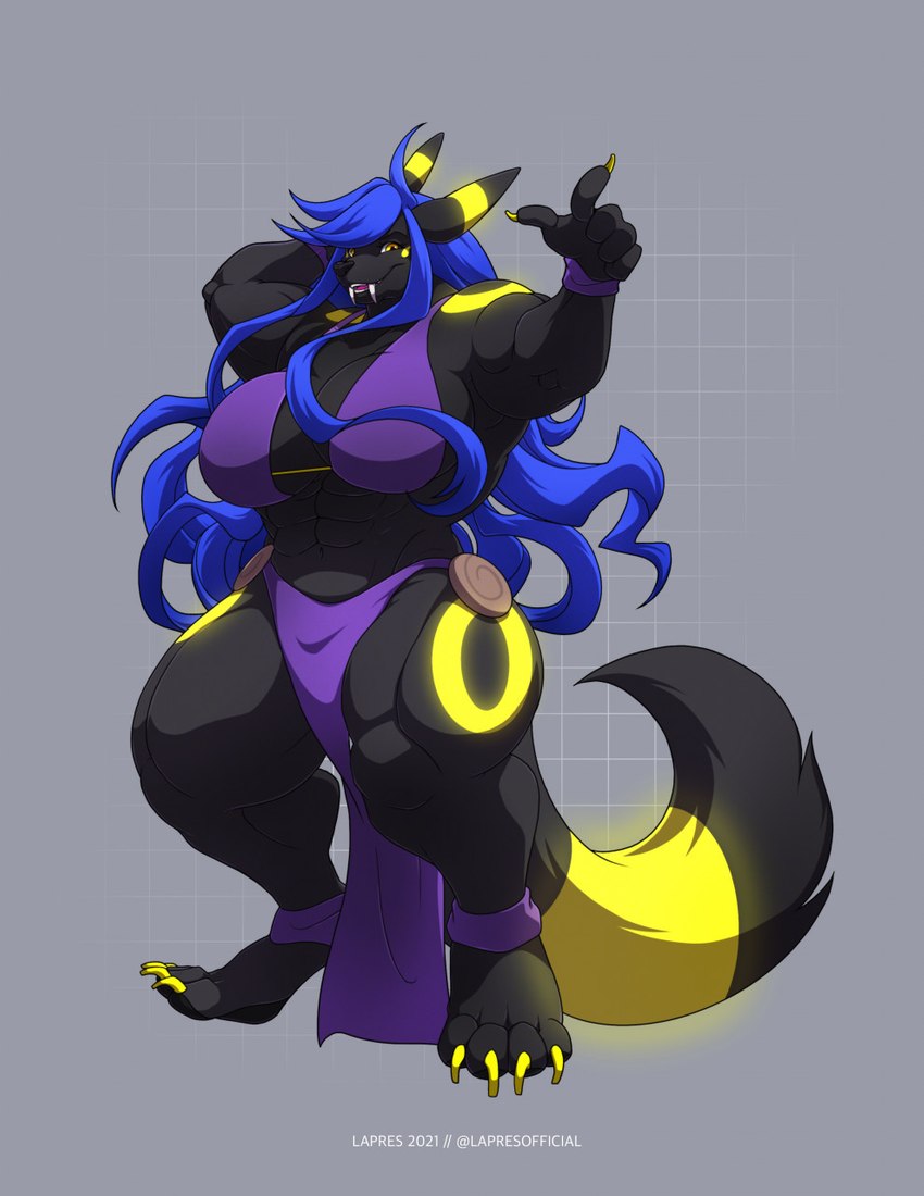 4_toes 5_fingers anthro big_breasts blue_hair breasts feet female fingers hair huge_breasts smile solo toes lapres nintendo pokemon eeveelution generation_2_pokemon pokemon_(species) umbreon 2021 digital_media_(artwork) hi_res