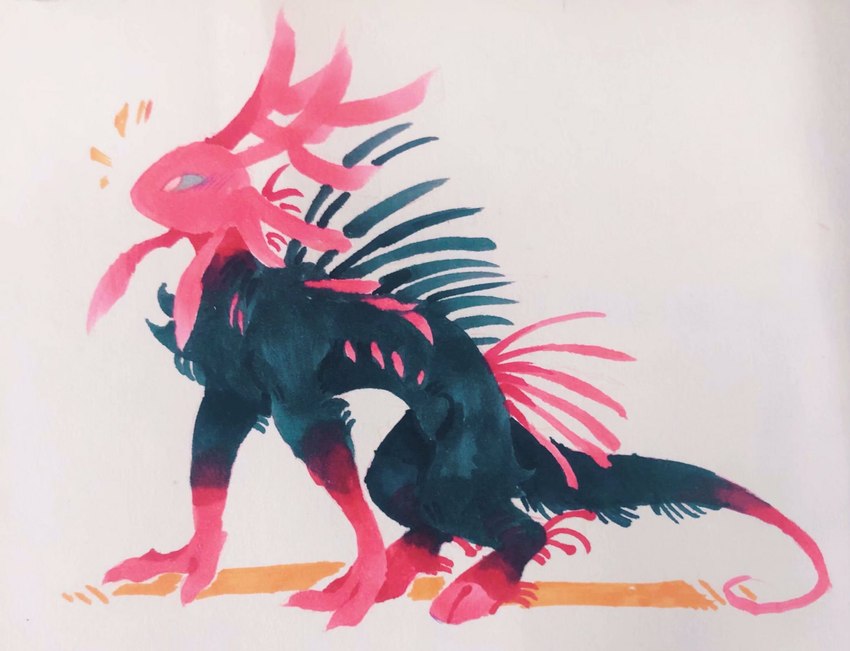 ambiguous_gender antlers back_spines black_body black_fur blue_sclera blush chest_tuft cloven_hooves dipstick_tail emanata feral fur hooves horn kemono leg_markings leg_tuft markings mouthless multicolored_body multicolored_fur multicolored_tail pink_antlers pink_body pink_fur pink_horn quadruped quills_(anatomy) side_view simple_background socks_(marking) solo standing tail tail_markings tuft two_tone_body two_tone_fur two_tone_tail white_background white_eyes zerov rain_world videocult hybrid lizard_(rain_world) mammal pink_lizard_(rain_world) scavenger_(rain_world) 2021 colored full-length_portrait hi_res marker_(artwork) portrait shaded traditional_media_(artwork)