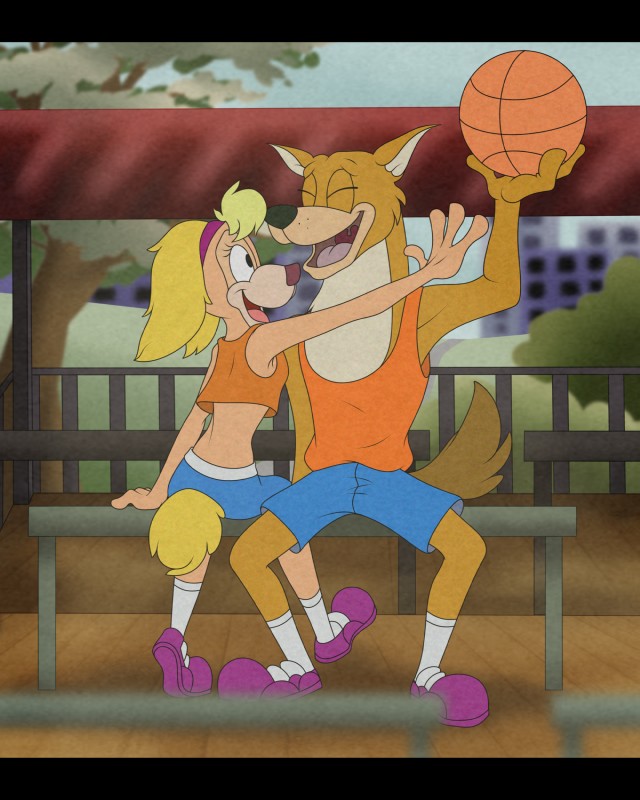 anthro basket basketball black_bars bottomwear clothing container duo female fever ill male shorts sport canid canine canis domestic_dog mammal linda_(disambiguation) mike_(disambiguation) 4:5 absurd_res hi_res letterbox