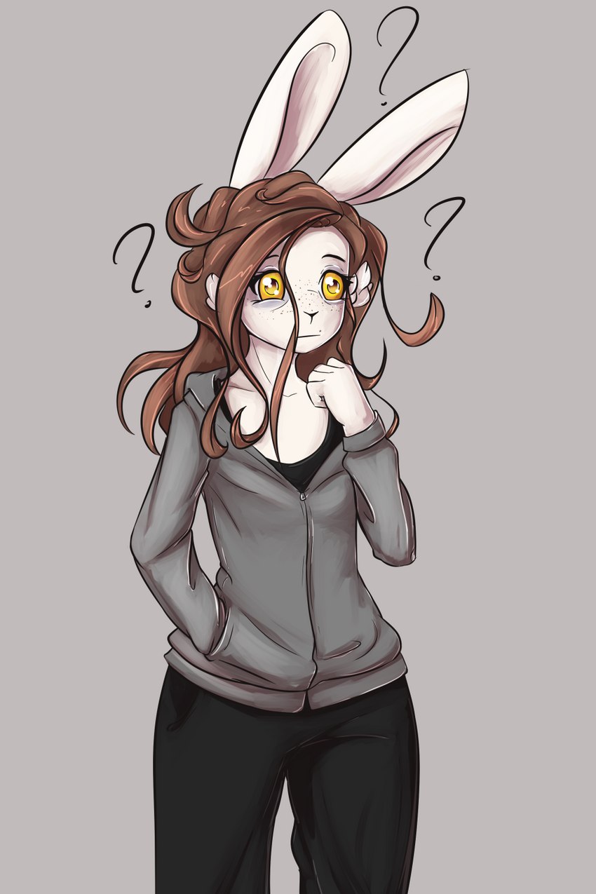 5_fingers anthro breasts brown_hair clothing female fingers grey_clothing grey_hoodie grey_topwear hair hoodie question_mark solo topwear yellow_eyes alasou lagomorph leporid mammal rabbit 2021 2:3 digital_media_(artwork) hi_res