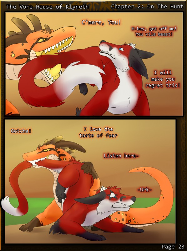 audition claws dialogue fangs forced fur horn long_tail male orange_body orange_skin red_body red_fur tail teeth text tongue tongue_out unwilling_prey willing_pred nolow mythology the_vore_house_of_klyneth krevaan_(cometfox) spike_(shade1) canid canine dragon fox mammal mythological_creature mythological_scalie scalie comic english_text hi_res