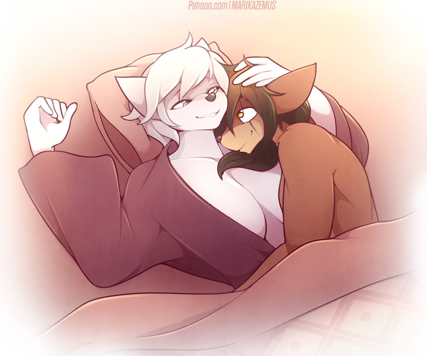 amber_eyes anthro bed breasts cleavage clothed clothing cuddling duo eye_scar facial_scar female furniture lying lying_on_bed male on_back on_bed scar marik_azemus34 karma_faye scar_reach canid canine fox mammal hi_res aunt_(lore) aunt_and_nephew_(lore) incest_(lore) nephew_(lore)