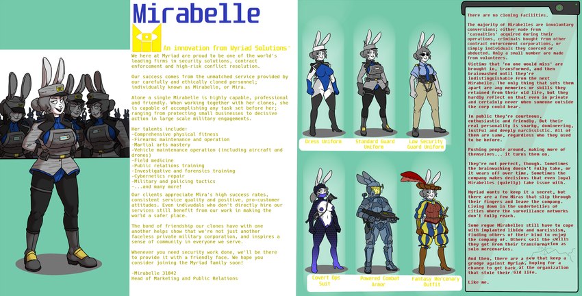 after_transformation anthro biped brainwashing clone clothing crowd female group police police_uniform text twinning uniform prurientpie mirabelle_(mirabelle) lagomorph leporid mammal rabbit absurd_res english_text hi_res model_sheet