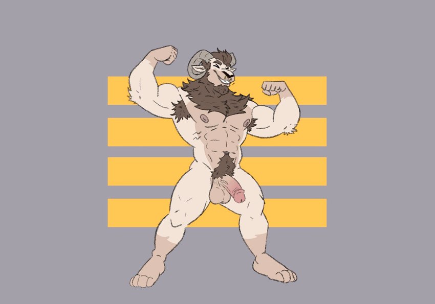 abs anthro arm_tuft armpit_hair balls beard biceps body_hair bottomwear brown_hair chest_hair circumcised clothing elbow_tuft eyes_closed facial_hair feet fist flaccid flexing flexing_bicep flexing_both_biceps forearm_muscles genitals glans goatee grey_background hair hairy happy_trail humanoid_genitalia humanoid_penis male mane manly muscular muscular_arms muscular_legs navel nipples nude obliques pecs penis presenting pubes shorts simple_background smile solo standing triceps tuft vein veiny_penis yellow_background huskyralvar loki_krampus bovid caprine goat mammal . 2025 hi_res