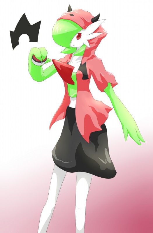 clothing female green_hair hair hoodie horn not_furry pokeball red_eyes simple_background solo standard_pokeball topwear fantajii_dm_(artist) nintendo pokemon team_magma grunt_(pokemon) magma_grunt gardevoir generation_3_pokemon mammal pokemon_(species) absurd_res hi_res