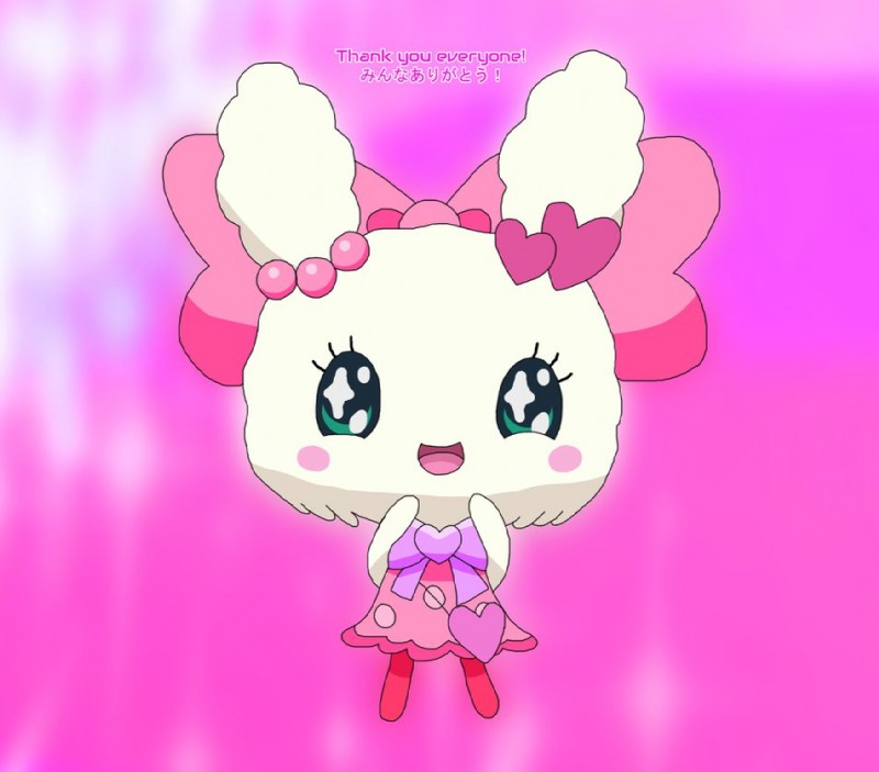 big_eyes blush bow_(feature) bow_tie clothing dress female green_eyes happy heart_symbol legwear looking_at_viewer open_mouth pink_background simple_background solo stockings text toony cansin13 tamagotchi lovelitchi humanoid 2016 translated