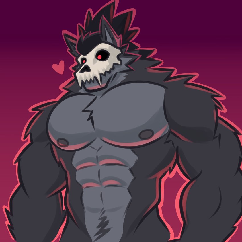 abs anthro areola biceps black_body black_fur black_hair fur grey_areola grey_body grey_ears grey_fur grey_inner_ear hair heart_symbol male male_anthro mask mask_only multicolored_body multicolored_fur muscular muscular_anthro muscular_male nude nude_anthro nude_male outline pecs pink_outline pointy_ears ponytail prick_ears purple_background red_eyes simple_background skull_mask solo two_tone_body two_tone_fur white_mask pumpking_wolf mako_(pumpking_wolf) canid canine canis mammal wolf 1:1 absurd_res hi_res