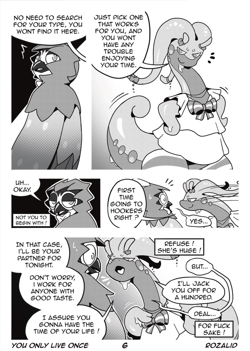 anthro clothing dialogue duo female feral male male/female prostitution slime speech_bubble tail text thought_bubble rozalid nintendo pokemon you_only_live_once louis_(decidueye) mugu_(goodra) avian bird decidueye generation_6_pokemon generation_7_pokemon goo_creature goodra pokemon_(species) absurd_res comic english_text hi_res monochrome