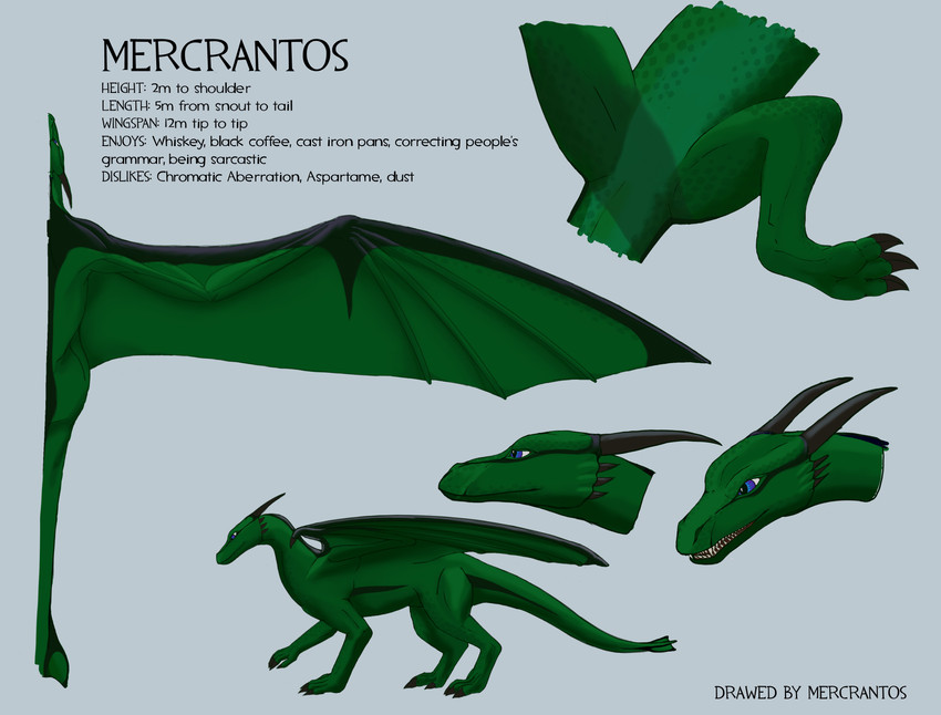 3_toes bared_teeth black_claws black_horn black_markings blue_eyes claws featureless_crotch feet feral finger_claws green_body green_scales grey_background horn male markings membrane_(anatomy) membranous_wings multiple_angles open_mouth presenting quadruped scales simple_background smile solo spread_wings standing tail teeth text toe_claws toes wings mercrantos european_mythology mythology mercrantos_(character) dragon mythological_creature mythological_scalie scalie western_dragon absurd_res english_text hi_res model_sheet