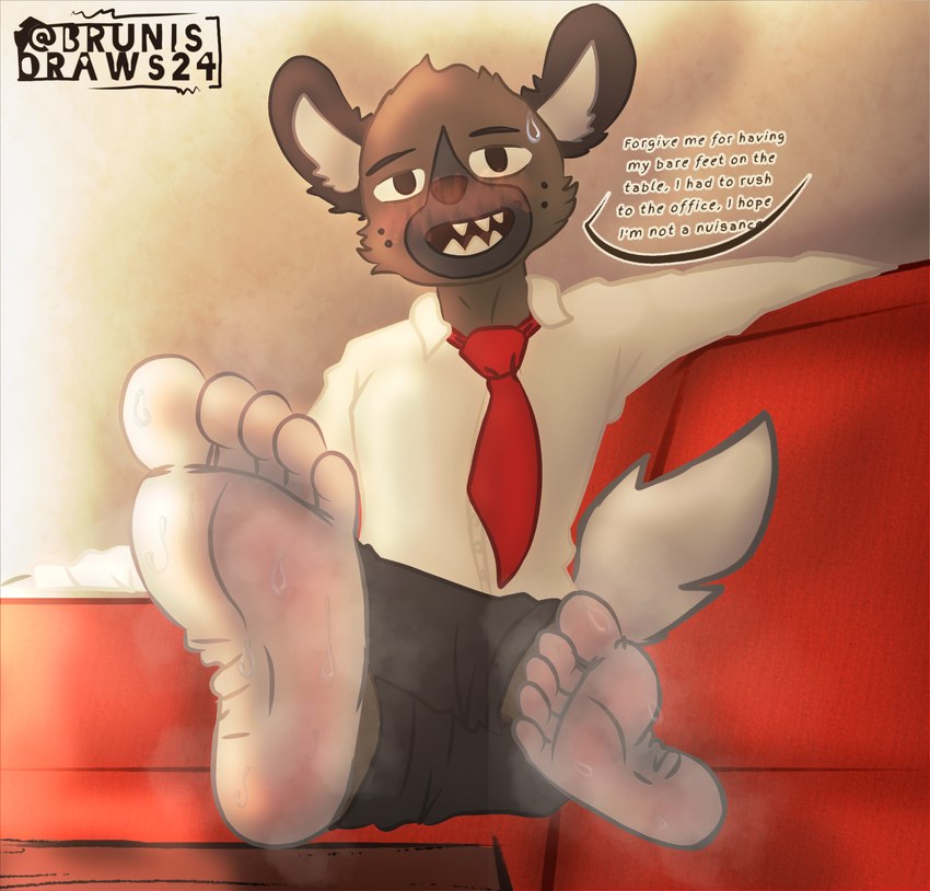 5_toes anthro big_feet blush bodily_fluids bottomwear brown_body brown_fur cheek_tuft clothing crossed_legs dialogue facial_tuft fangs feet fluffy fluffy_ears fluffy_tail foot_fetish foot_focus fur furniture grey_body humanoid_feet inner_ear_fluff long_shirt male necktie pants plantigrade red_necktie red_sofa sofa solo speech_bubble steam steamy_feet sweat sweaty_feet table tail teeth text toes tuft wrinkled_feet wrinkles brunisdraws aggretsuko netflix sanrio haida_(aggretsuko) hyena mammal absurd_res english_description english_text hi_res signature